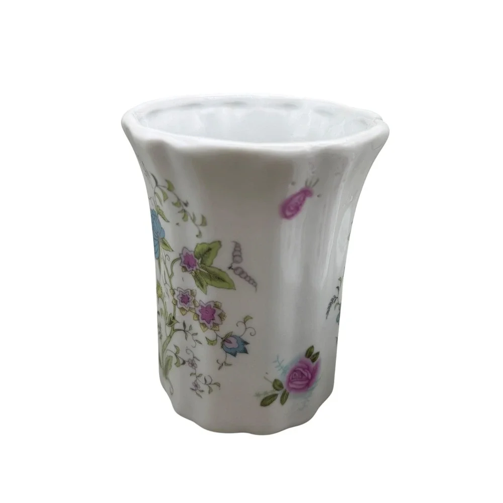 Vintage Floral Ceramic Soap Dish and Tumbler Set Pink Roses Blue Flowers 2pc